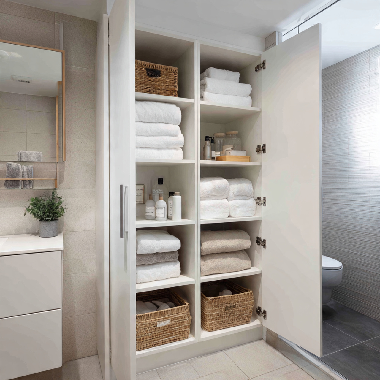 20 Smart Bathroom Ideas for a Calm and Comfortable Living 14 14 closed bathroom storage that hides everyday mes