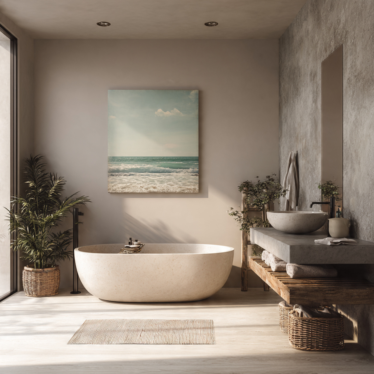 20 Smart Bathroom Ideas for a Calm and Comfortable Living 18 18 calm bathroom wall art that softens hard surfac