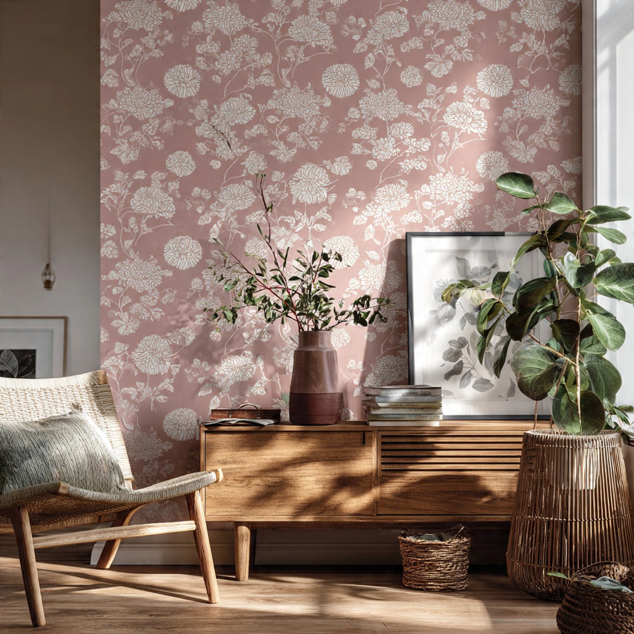 2 dusty rose wallpaper accent with warm wood furni