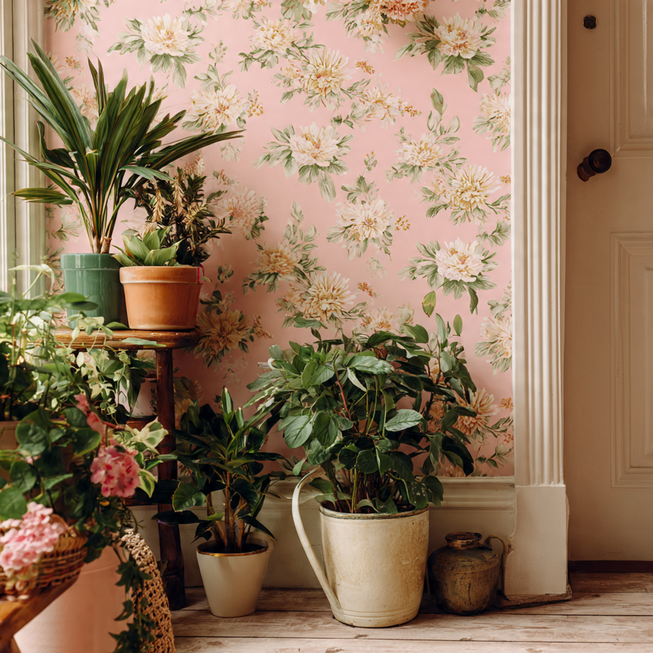 4 pink wallpaper with soft floral pattern paired w