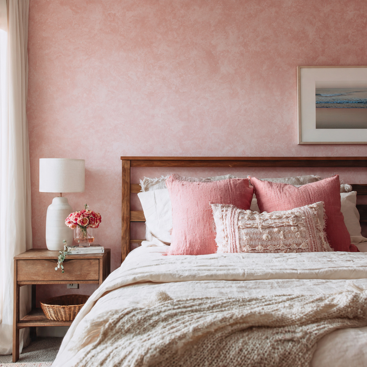 5 pink wallpaper behind a bed headboard that feels