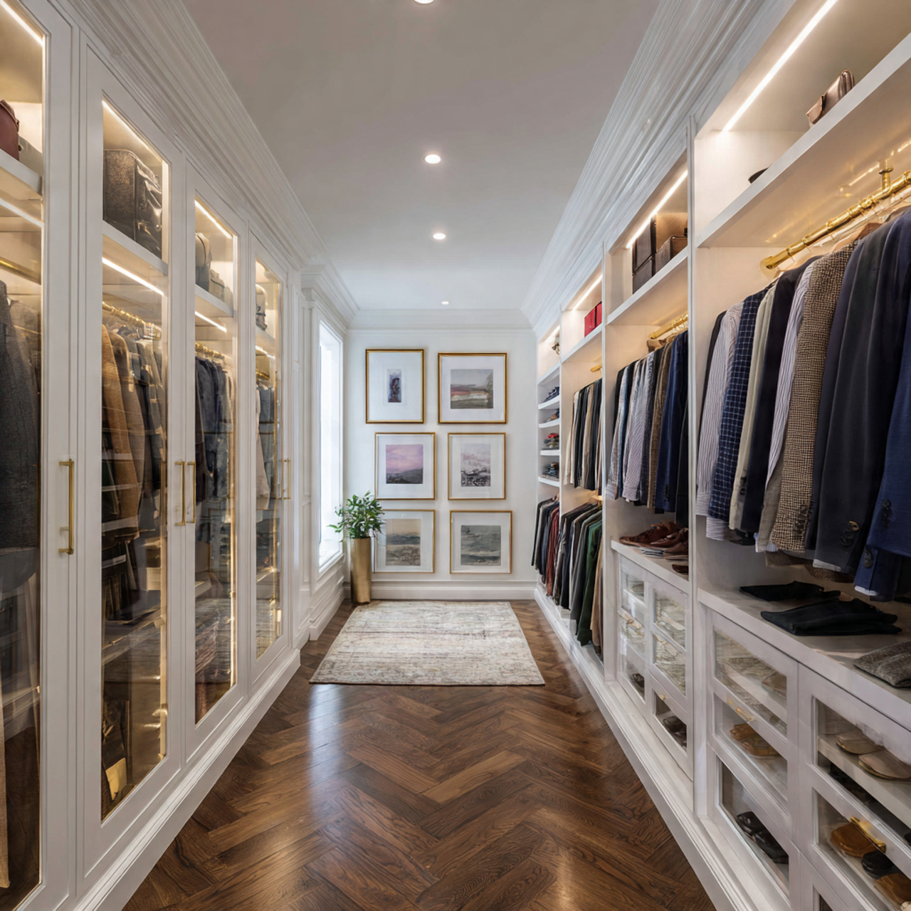Closet Designs Elegant, organized closet with stylish lighting.
