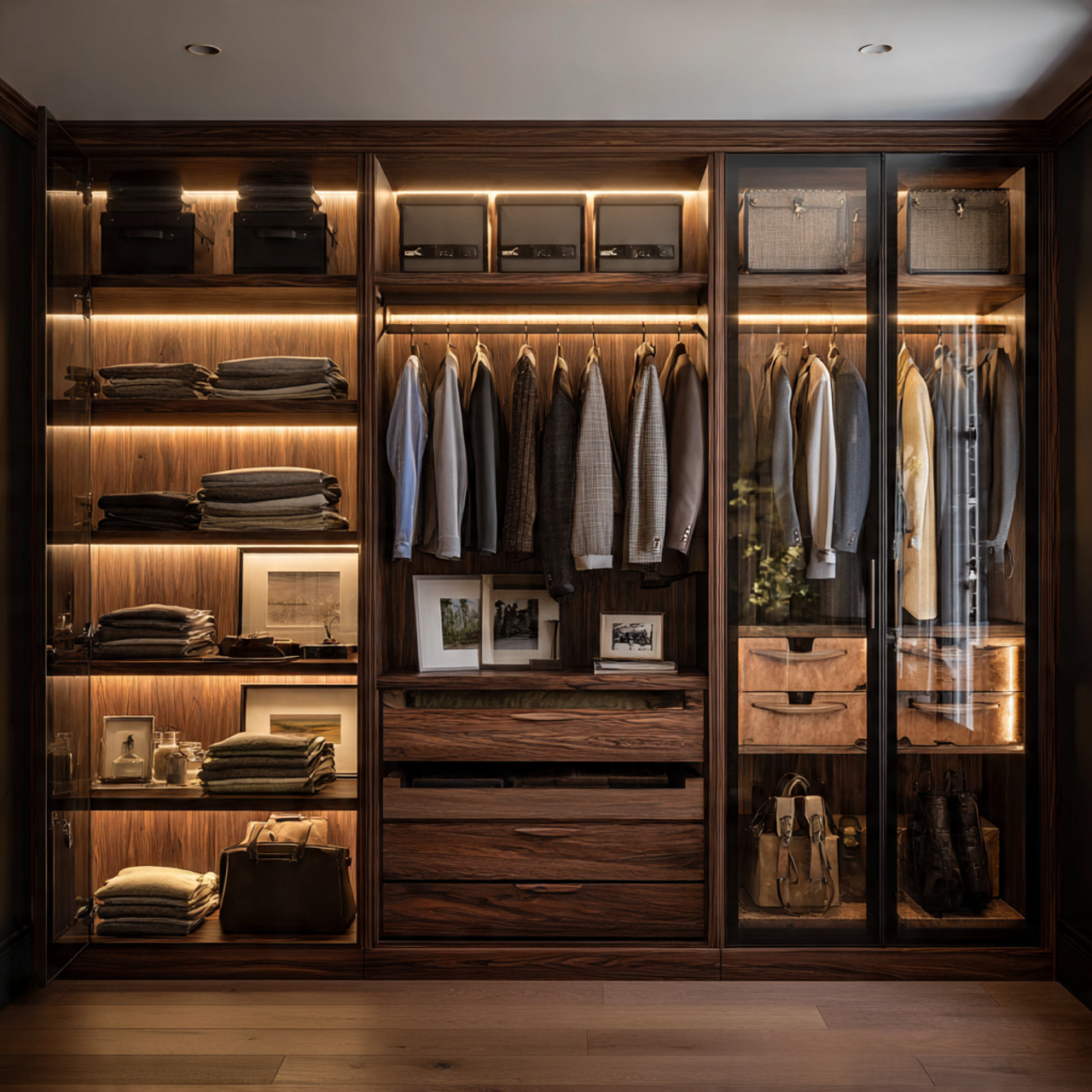 Closet Designs Elegant wooden closet with stylish lighting