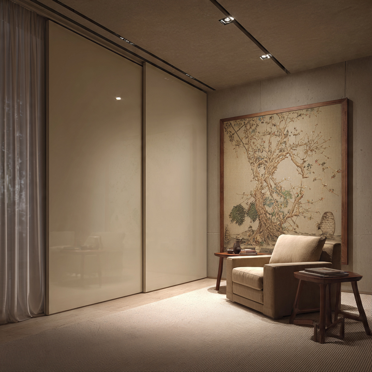 Modern interior with sliding door and chair