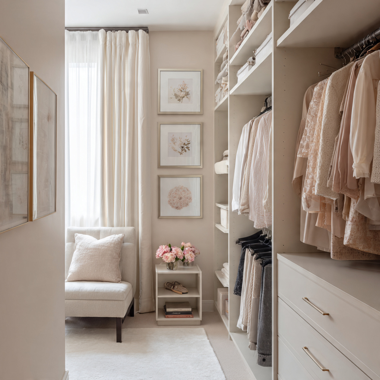 Closet Designs Elegant, neutral-toned closet with seating.