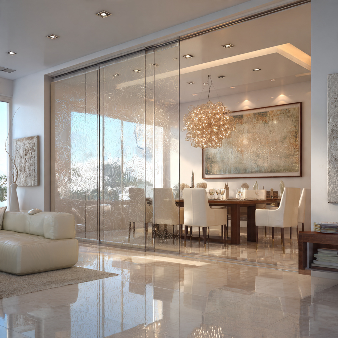 Modern dining area with sliding doors