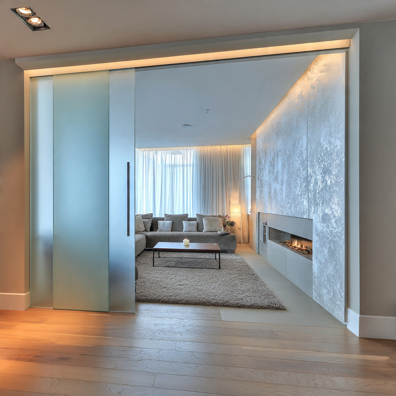 Modern interior with sliding door.