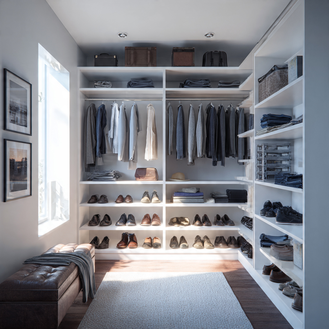 Closet Designs Organized closet with clothing and shoes.