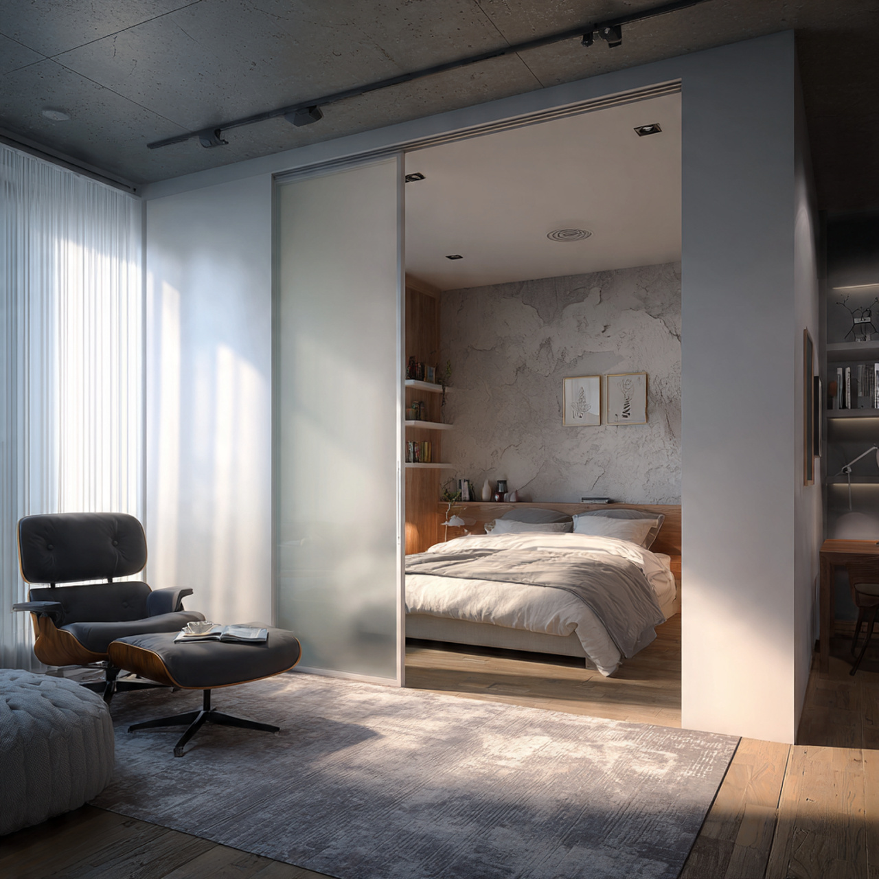 Modern bedroom with sliding glass door