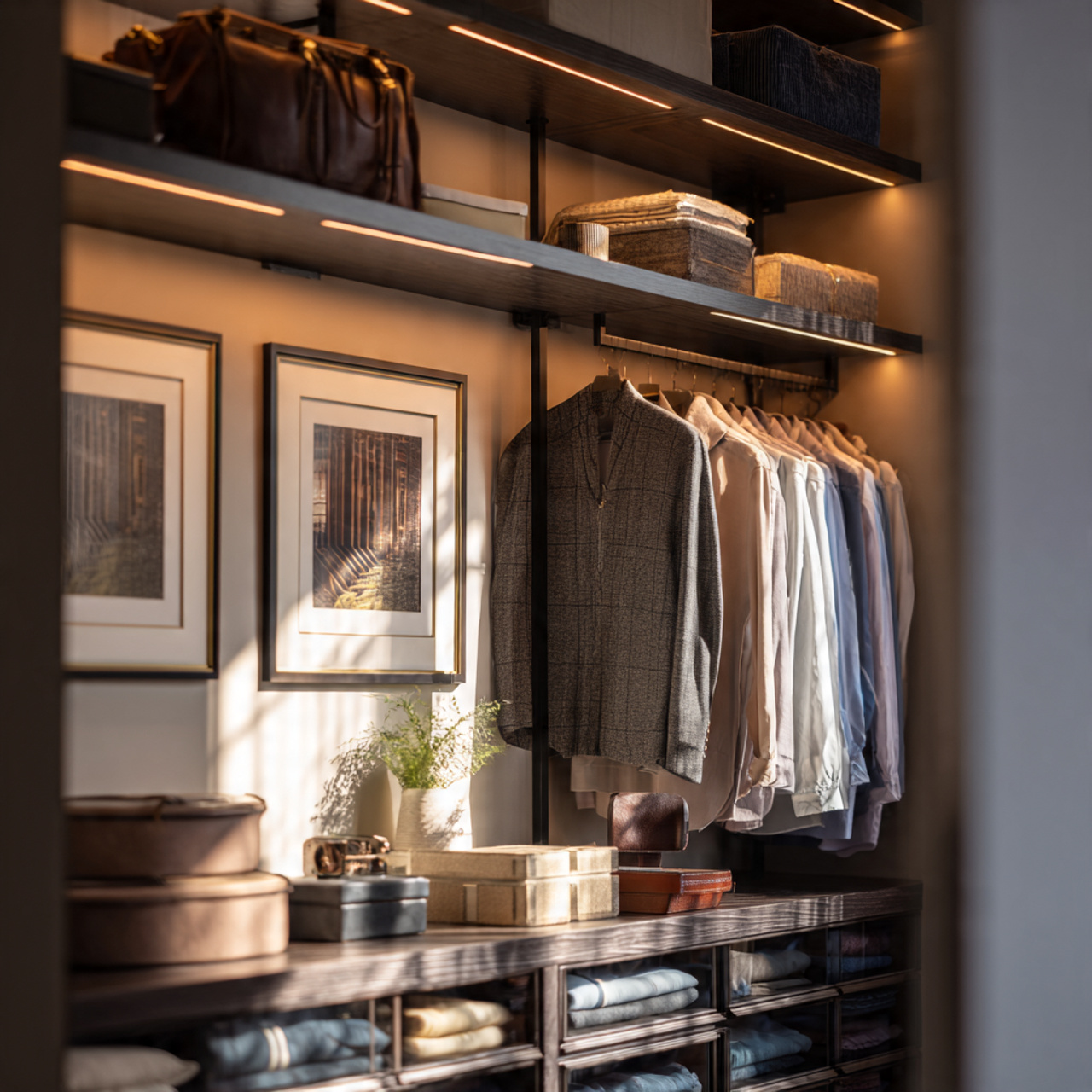 Closet Designs Stylish closet with organized clothing display.