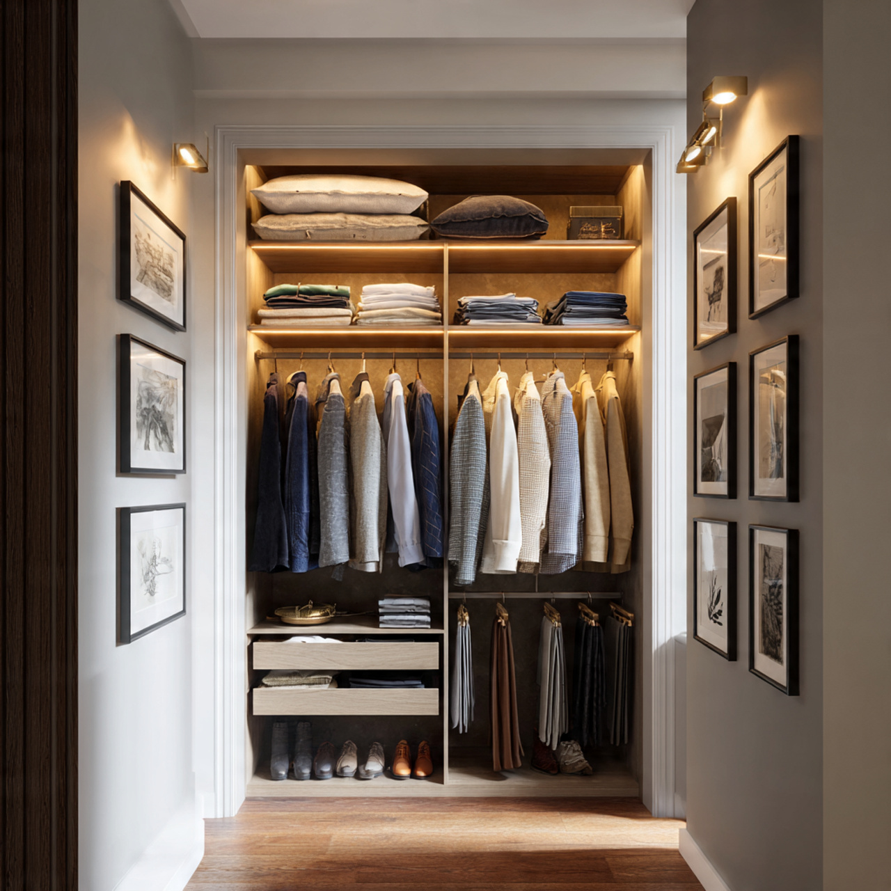 Closet Designs Stylish closet with organized clothing storage.