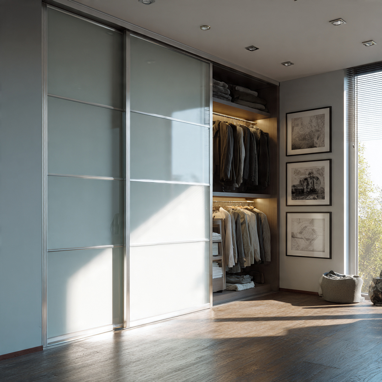 Closet Designs Modern sliding closet with organized shelves