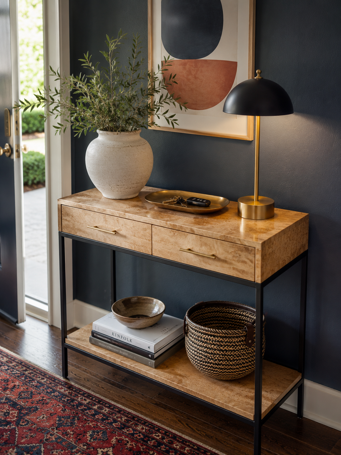14 Brilliant Small Console Tables Ideas for Tight Spaces 13 A Ceramic Vase And Key Tray On a Small Console For a Less Cluttered Drop Zone And a Faster Exit for small console tables