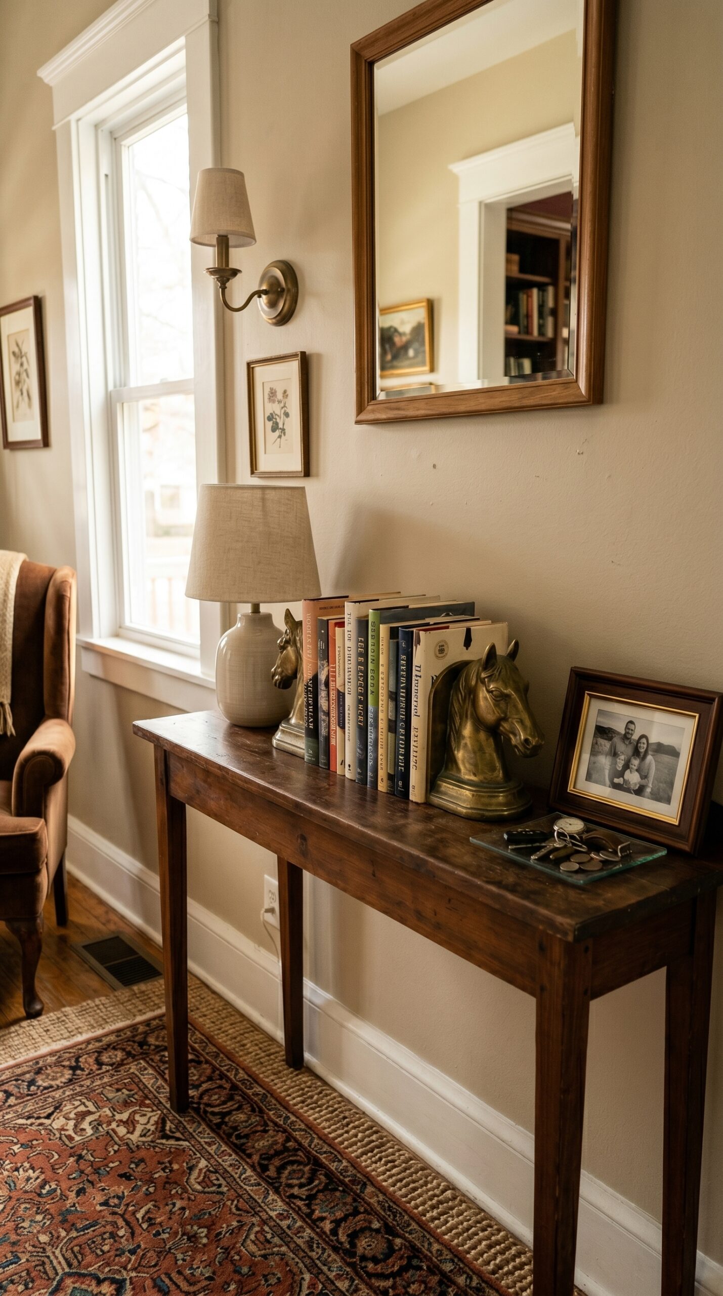 14 Brilliant Small Console Tables Ideas for Tight Spaces 9 A Pair of Brass Bookends On a Narrow Console for small console tables