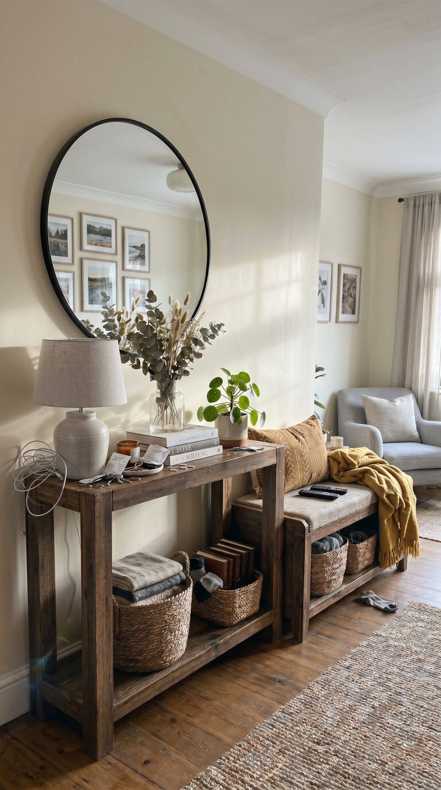 14 Brilliant Small Console Tables Ideas for Tight Spaces 7 A Rustic Console Table With a Storage Bench Nearby For a Flexible Small Living Room And Extra Seating