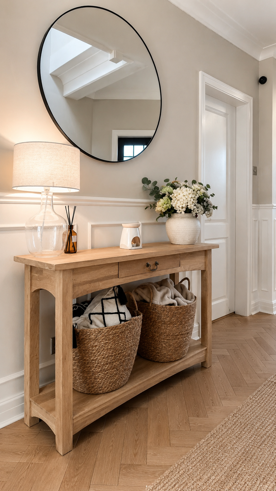 14 Brilliant Small Console Tables Ideas for Tight Spaces 1 A Slim Oak small Console Table With Woven Baskets for small console tables