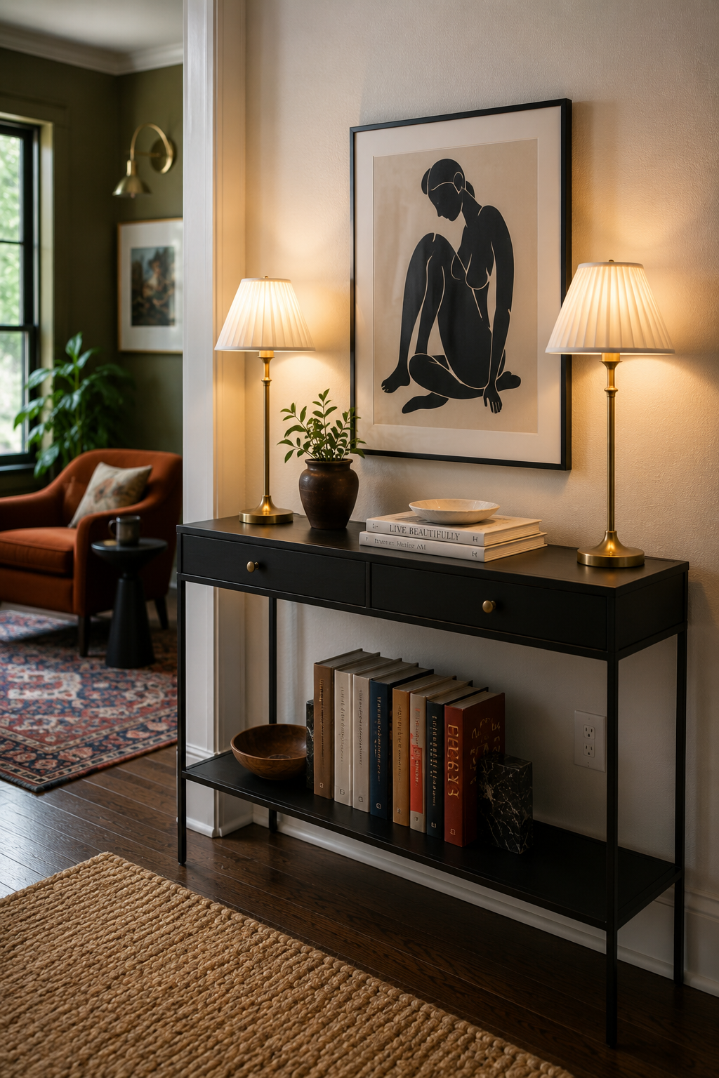 14 Brilliant Small Console Tables Ideas for Tight Spaces 12 A Slim Table Lamp Pair On a Narrow Console for small console tables