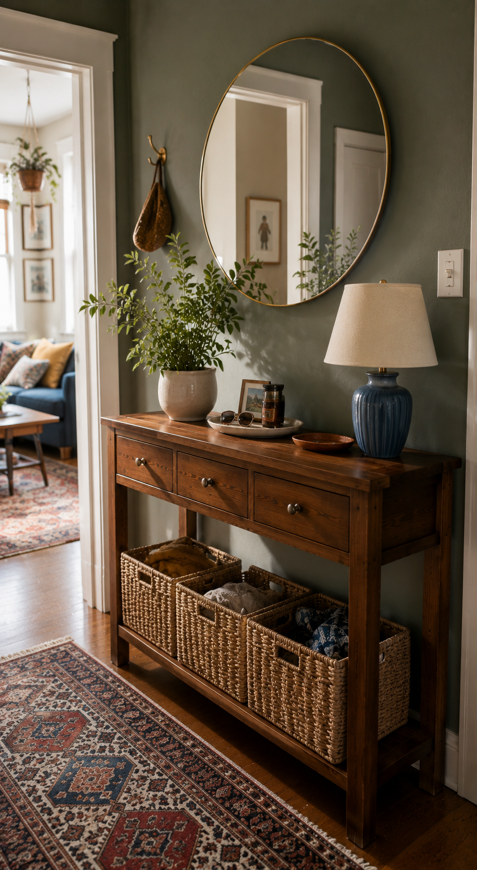 14 Brilliant Small Console Tables Ideas for Tight Spaces 10 A Wooden Console Table With Storage Baskets for small console tables