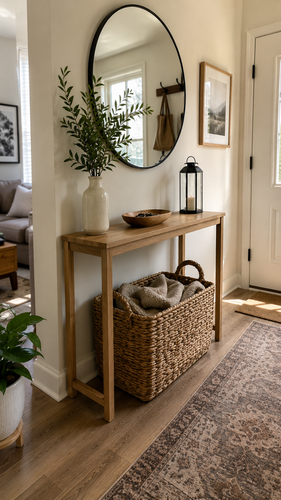 14 Brilliant Small Console Tables Ideas for Tight Spaces 3 A Woven Seagrass Basket Under a Small Console for small console tables
