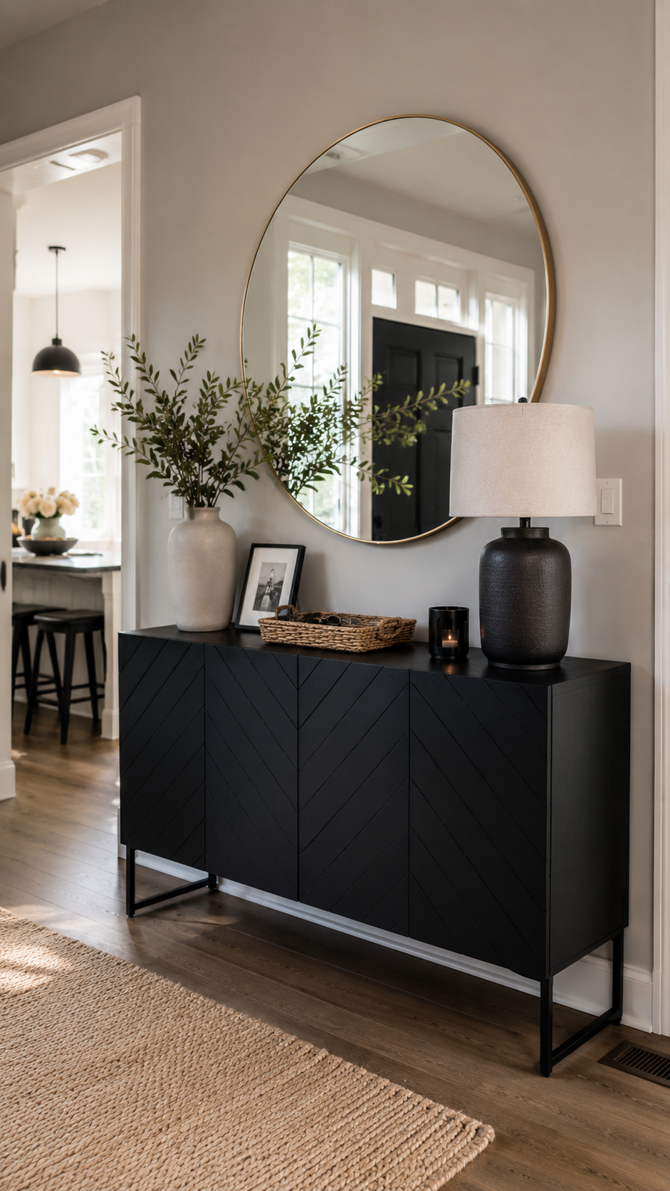 14 Brilliant Small Console Tables Ideas for Tight Spaces 2 An Oversized Round Mirror Above a Narrow Black Console For a Brighter Hallway